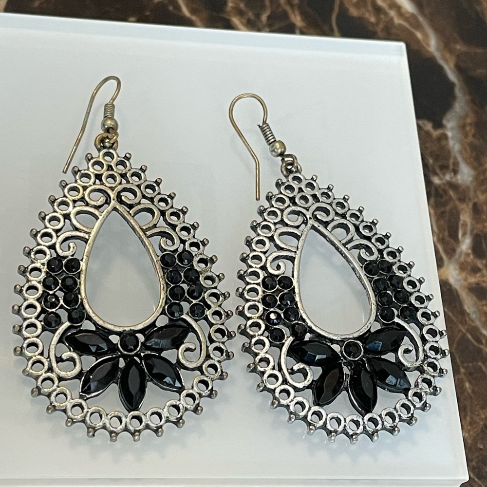 Black and Silver Toned Large Oval Earrings